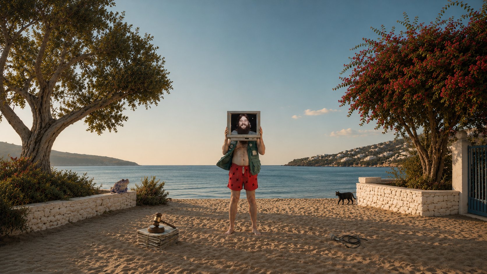 Ein bärtiger Mann in roter Badehose steht am Strand und hält einen Röhrenfernseher mit seinem eigenen Gesicht vor den Kopf. Zu seinen Füßen liegen ein Richterhammer auf Zeitungen und ein Mikrofon.