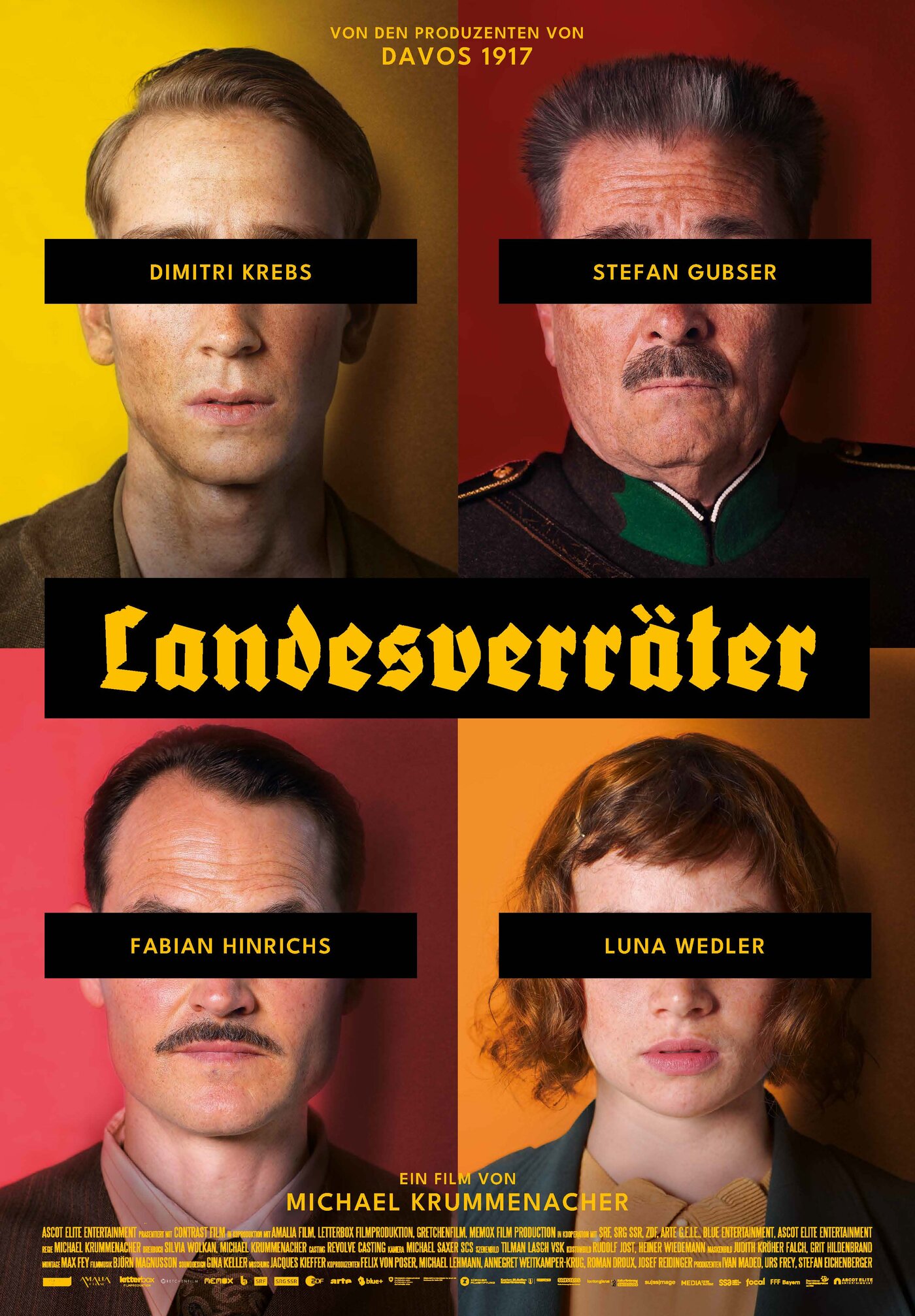 Landesverräter Hauptplakat mit Dimitri Krebs, Stefan Gubser, Fabian Hinrichs und Luna Wedler